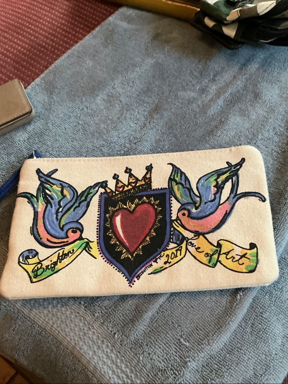 Brighton Cream Canvas Pouch with Colorful Heart & Doves